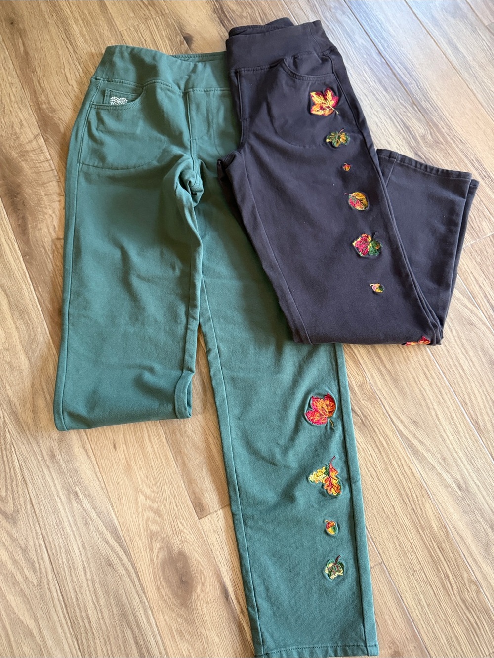 Embroidered Straight Leg Jeans - Green/Brown